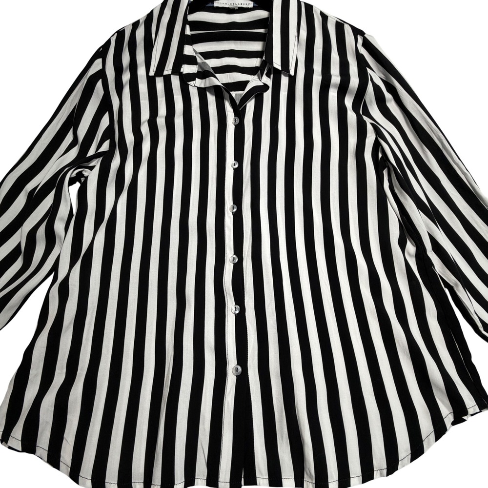 Jane + Delancey Womens Large Striped Button Down Shirt Black White Long Sleeve
